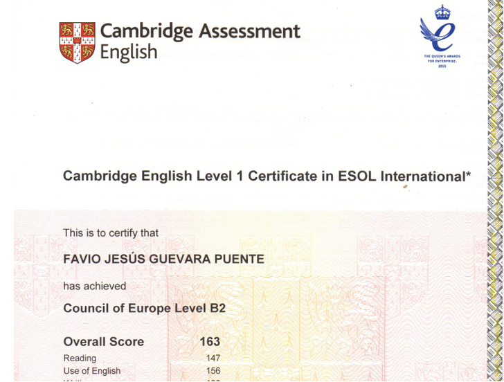 Certificado Cambridge English Level 1 Certificate in ESOL International